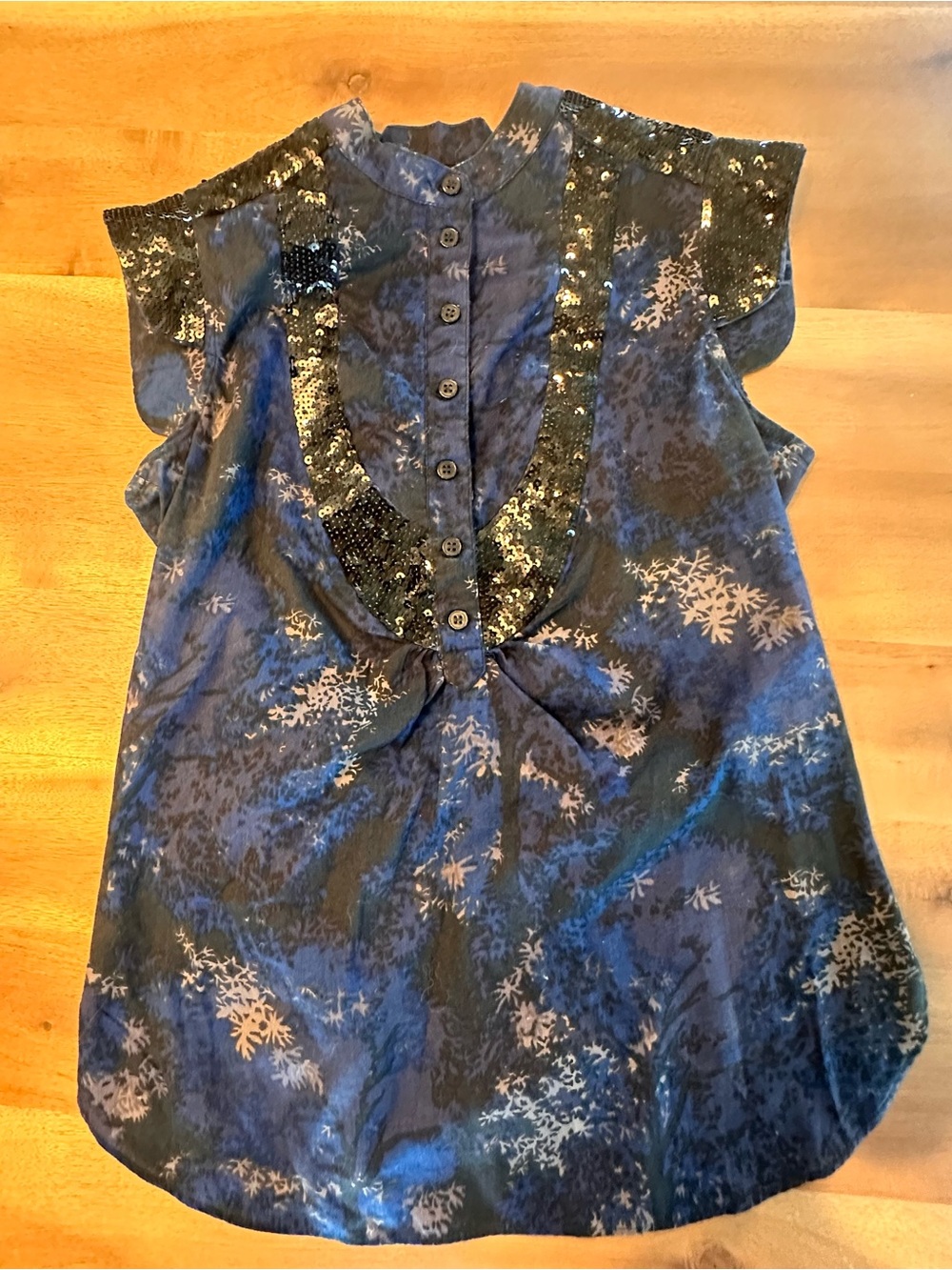 French Connection Navy Blue & Black Sequin-Trim Cap Sleeve Blouse